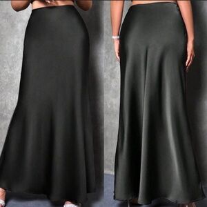 Luxe black zipper back minimalist satin maxi skirt